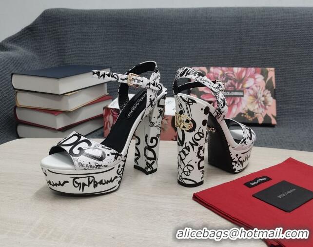 Good Quality Dolce & Gabbana DG Calfskin Print High Heel Platform Sandals White/Black 081270