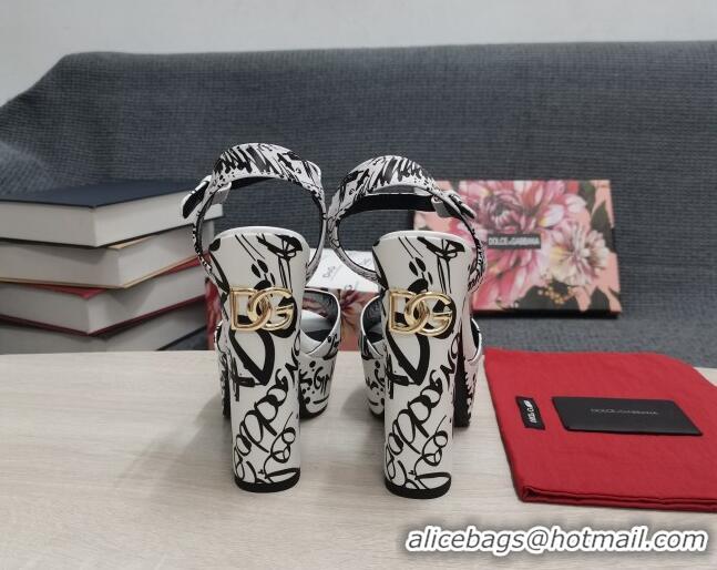 Good Quality Dolce & Gabbana DG Calfskin Print High Heel Platform Sandals White/Black 081270