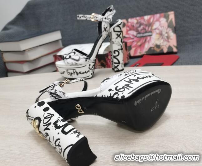 Good Quality Dolce & Gabbana DG Calfskin Print High Heel Platform Sandals White/Black 081270