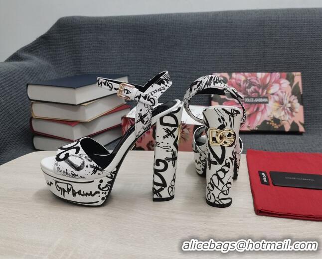 Good Quality Dolce & Gabbana DG Calfskin Print High Heel Platform Sandals White/Black 081270