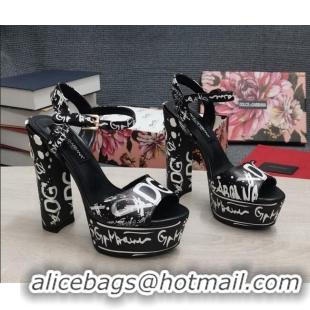 Charming Dolce & Gabbana DG Calfskin Print High Heel Platform Sandals Black/White 081271