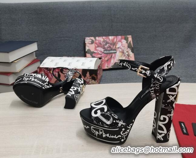 Charming Dolce & Gabbana DG Calfskin Print High Heel Platform Sandals Black/White 081271