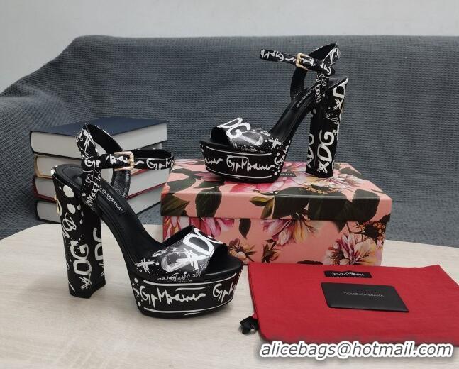 Charming Dolce & Gabbana DG Calfskin Print High Heel Platform Sandals Black/White 081271