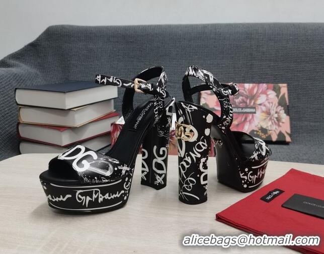 Charming Dolce & Gabbana DG Calfskin Print High Heel Platform Sandals Black/White 081271