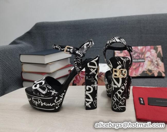 Charming Dolce & Gabbana DG Calfskin Print High Heel Platform Sandals Black/White 081271