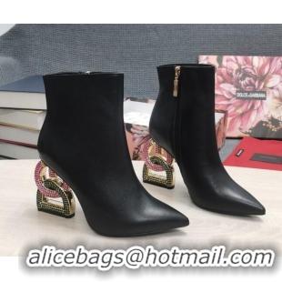 Grade Quality Dolce & Gabbana Lambskin Ankle Boots with Crystal DG-Heel 10.5cm Black 081272