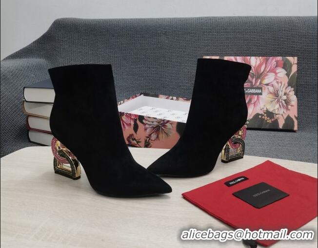 1:1 aaaaa Dolce & Gabbana Suede Ankle Boots with Crystal DG-Heel 10.5cm Black 081273