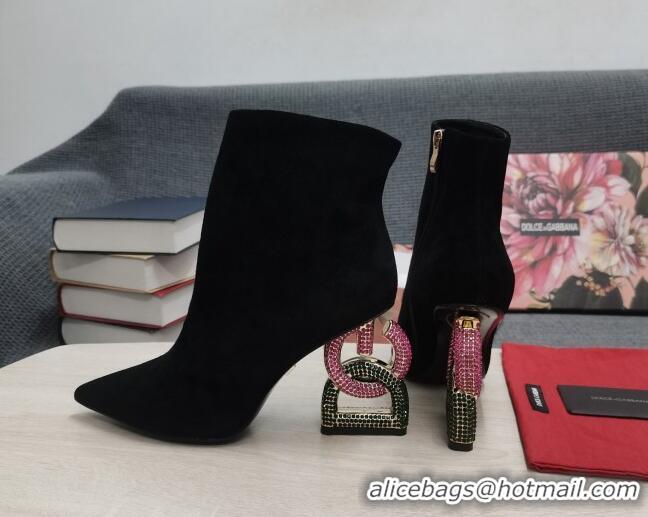 1:1 aaaaa Dolce & Gabbana Suede Ankle Boots with Crystal DG-Heel 10.5cm Black 081273