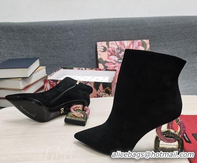 1:1 aaaaa Dolce & Gabbana Suede Ankle Boots with Crystal DG-Heel 10.5cm Black 081273