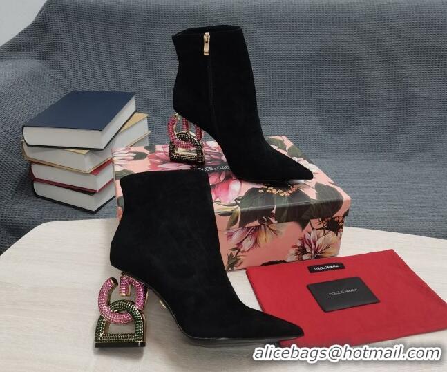 1:1 aaaaa Dolce & Gabbana Suede Ankle Boots with Crystal DG-Heel 10.5cm Black 081273