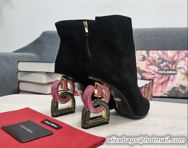 1:1 aaaaa Dolce & Gabbana Suede Ankle Boots with Crystal DG-Heel 10.5cm Black 081273