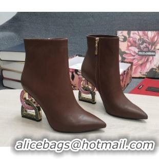 Best Product Dolce & Gabbana Lambskin Ankle Boots with Crystal DG-Heel 10.5cm Brown 081274