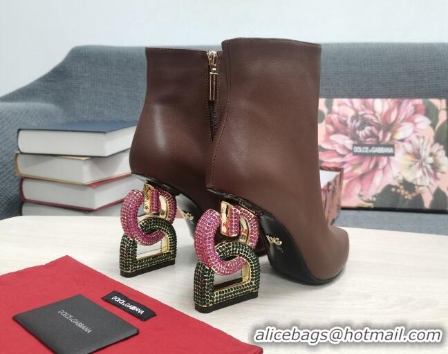 Best Product Dolce & Gabbana Lambskin Ankle Boots with Crystal DG-Heel 10.5cm Brown 081274