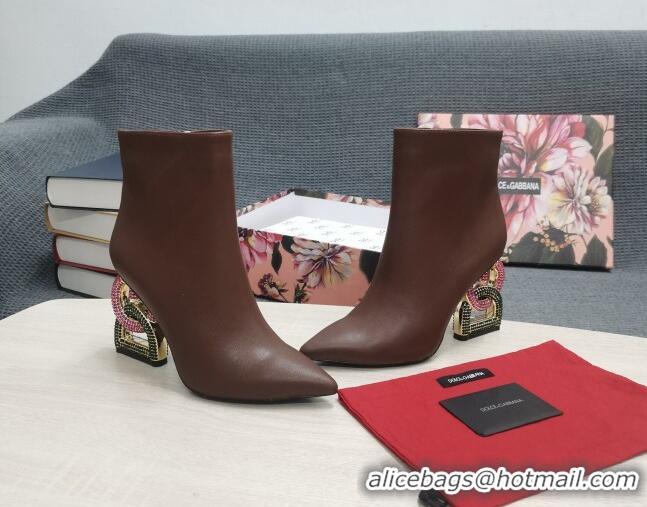 Best Product Dolce & Gabbana Lambskin Ankle Boots with Crystal DG-Heel 10.5cm Brown 081274