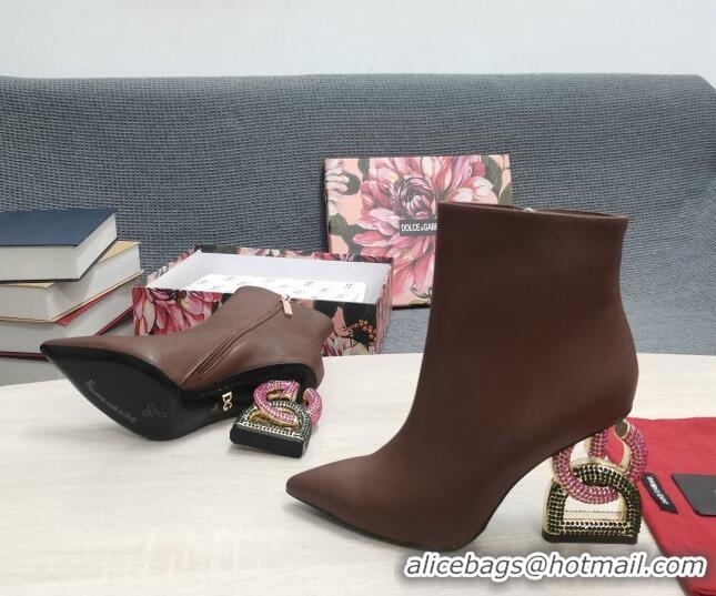 Best Product Dolce & Gabbana Lambskin Ankle Boots with Crystal DG-Heel 10.5cm Brown 081274