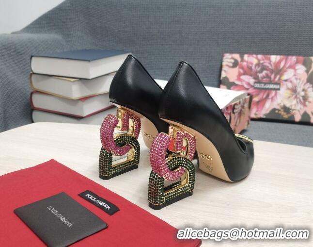 Stylish Dolce & Gabbana Calf Leather Pumps with Crystal DG-Heel 10.5cm Black 2081275