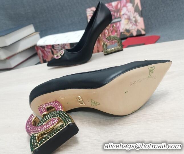 Stylish Dolce & Gabbana Calf Leather Pumps with Crystal DG-Heel 10.5cm Black 2081275