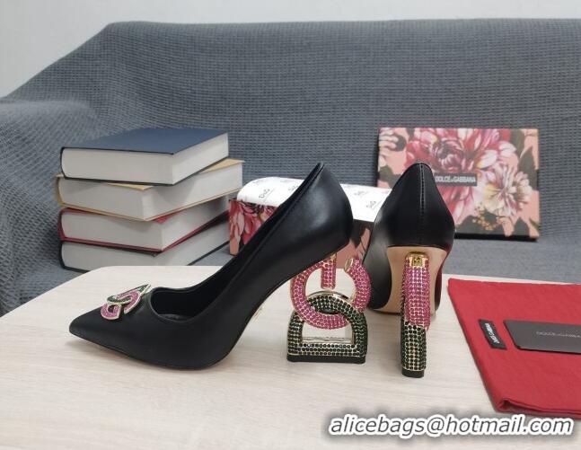 Stylish Dolce & Gabbana Calf Leather Pumps with Crystal DG-Heel 10.5cm Black 2081275