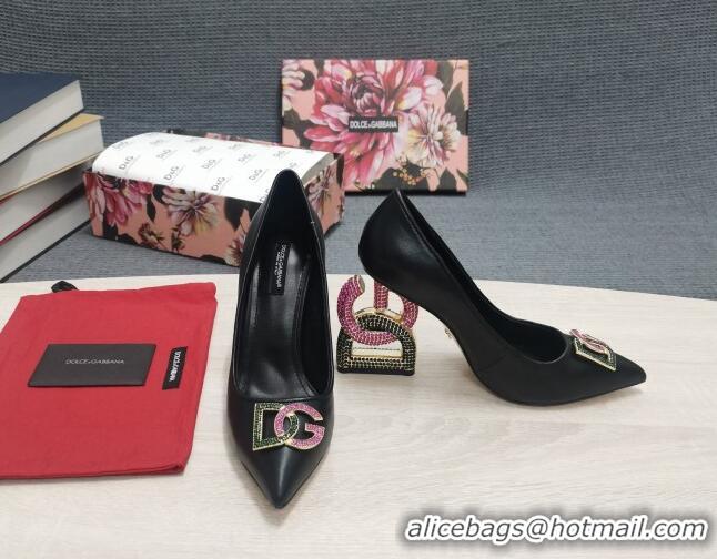 Stylish Dolce & Gabbana Calf Leather Pumps with Crystal DG-Heel 10.5cm Black 2081275