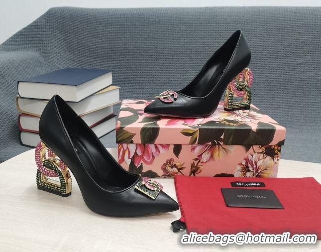 Stylish Dolce & Gabbana Calf Leather Pumps with Crystal DG-Heel 10.5cm Black 2081275