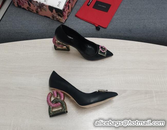 Stylish Dolce & Gabbana Calf Leather Pumps with Crystal DG-Heel 10.5cm Black 2081275