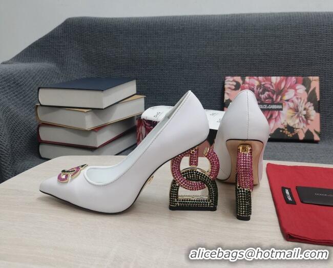 Low Price Dolce & Gabbana Calf Leather Pumps with Crystal DG-Heel 10.5cm White 2081276