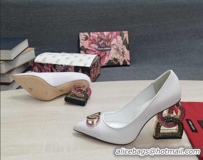 Low Price Dolce & Gabbana Calf Leather Pumps with Crystal DG-Heel 10.5cm White 2081276