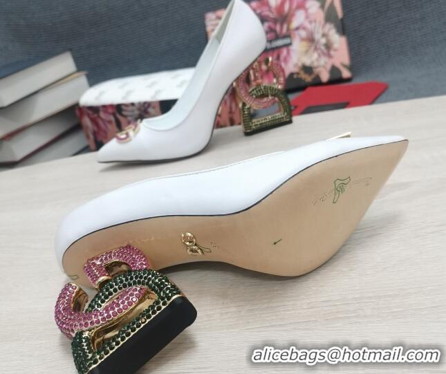 Low Price Dolce & Gabbana Calf Leather Pumps with Crystal DG-Heel 10.5cm White 2081276