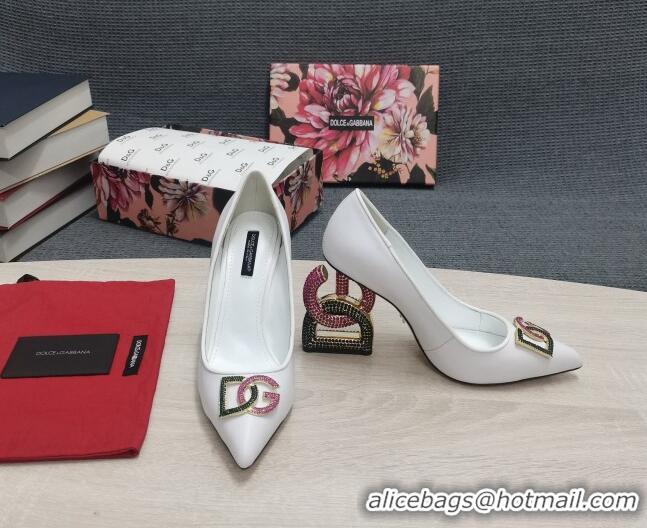 Low Price Dolce & Gabbana Calf Leather Pumps with Crystal DG-Heel 10.5cm White 2081276