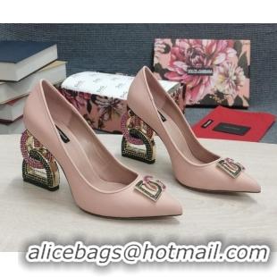 Most Popular Dolce & Gabbana Calf Leather Pumps with Crystal DG-Heel 10.5cm Light Pink 081277