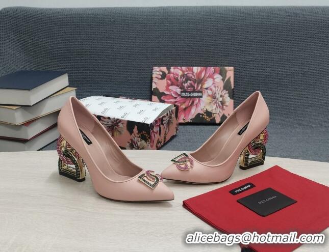 Most Popular Dolce & Gabbana Calf Leather Pumps with Crystal DG-Heel 10.5cm Light Pink 081277