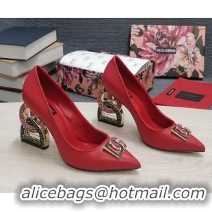 Unique Style Dolce & Gabbana Calf Leather Pumps with Crystal DG-Heel 10.5cm Red 081278