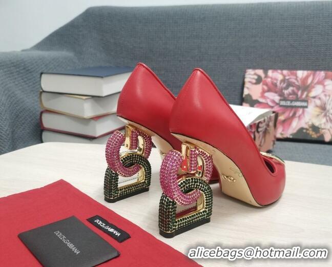 Unique Style Dolce & Gabbana Calf Leather Pumps with Crystal DG-Heel 10.5cm Red 081278