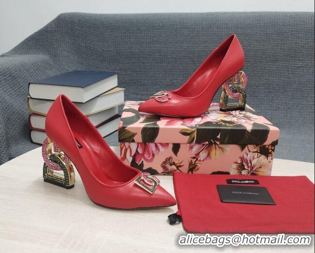 Unique Style Dolce & Gabbana Calf Leather Pumps with Crystal DG-Heel 10.5cm Red 081278