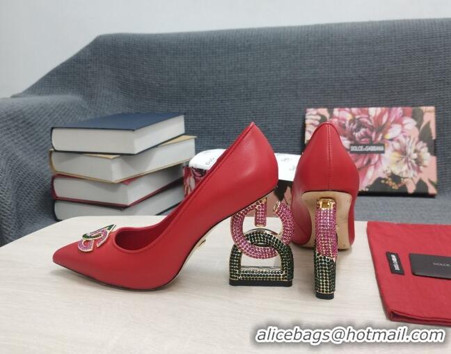 Unique Style Dolce & Gabbana Calf Leather Pumps with Crystal DG-Heel 10.5cm Red 081278