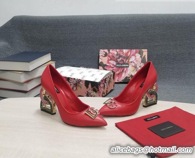 Unique Style Dolce & Gabbana Calf Leather Pumps with Crystal DG-Heel 10.5cm Red 081278