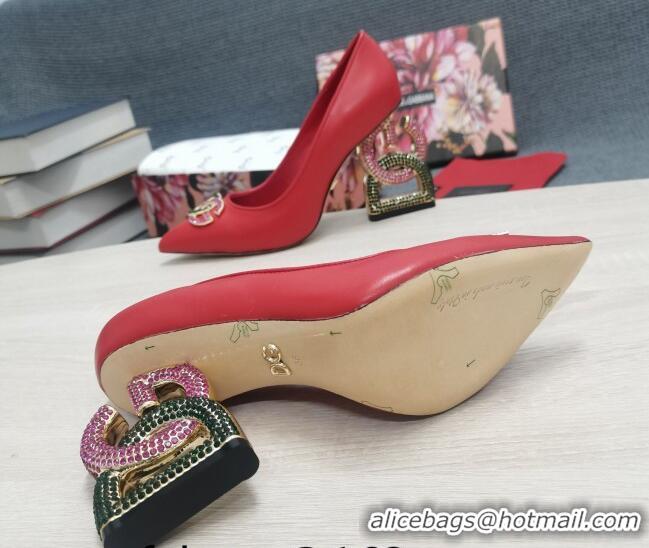 Unique Style Dolce & Gabbana Calf Leather Pumps with Crystal DG-Heel 10.5cm Red 081278