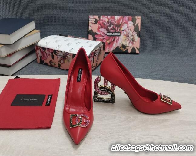 Unique Style Dolce & Gabbana Calf Leather Pumps with Crystal DG-Heel 10.5cm Red 081278