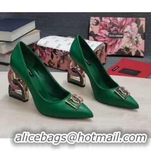 Durable Dolce & Gabbana Calf Leather Pumps with Crystal DG-Heel 10.5cm Green 081279