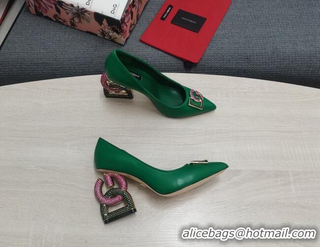 Durable Dolce & Gabbana Calf Leather Pumps with Crystal DG-Heel 10.5cm Green 081279