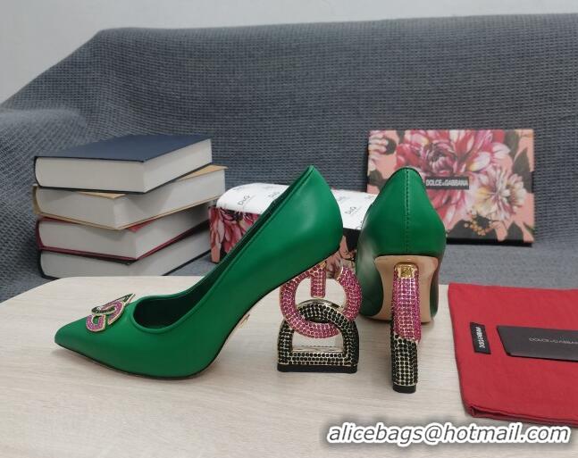 Durable Dolce & Gabbana Calf Leather Pumps with Crystal DG-Heel 10.5cm Green 081279