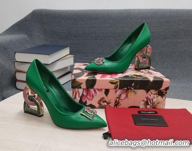 Durable Dolce & Gabbana Calf Leather Pumps with Crystal DG-Heel 10.5cm Green 081279