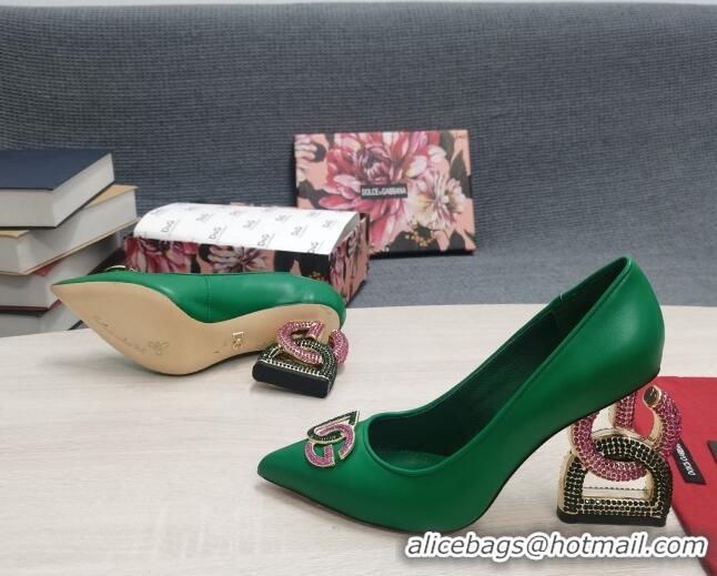 Durable Dolce & Gabbana Calf Leather Pumps with Crystal DG-Heel 10.5cm Green 081279