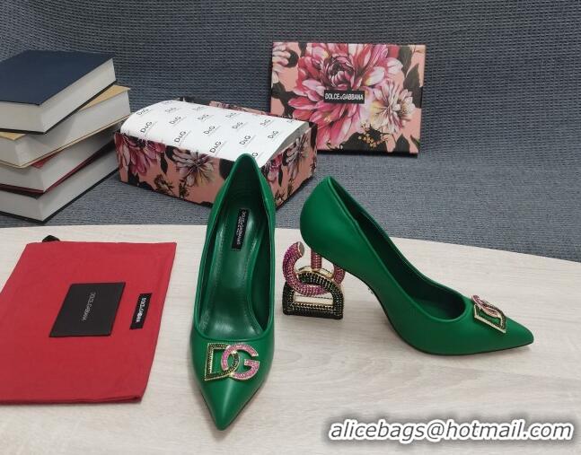 Durable Dolce & Gabbana Calf Leather Pumps with Crystal DG-Heel 10.5cm Green 081279