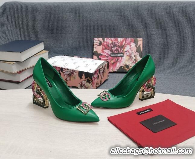 Durable Dolce & Gabbana Calf Leather Pumps with Crystal DG-Heel 10.5cm Green 081279