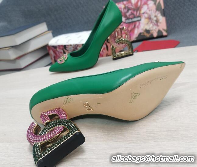 Durable Dolce & Gabbana Calf Leather Pumps with Crystal DG-Heel 10.5cm Green 081279