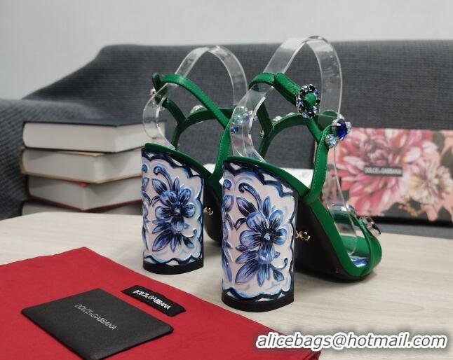 Classic Hot Dolce&Gabbana DG Print Calf Leather High Heel Sandals 11cm Green 082576