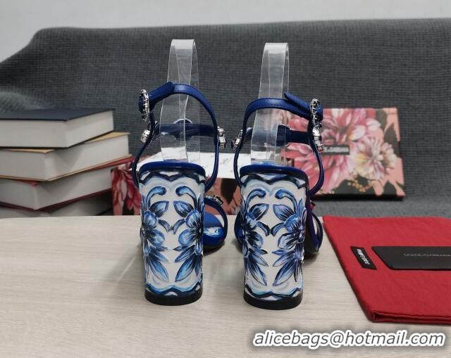 Good Quality Dolce&Gabbana DG Print Calf Leather High Heel Sandals 11cm Blue 082577