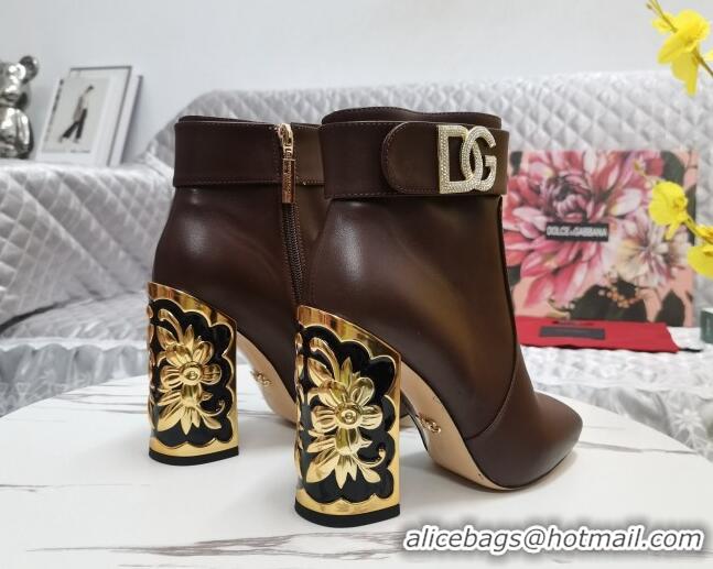 Sophisticated Dolce&Gabbana Calfskin Heel Ankle Boots 10.5cm with Crystal DG Brown 090839