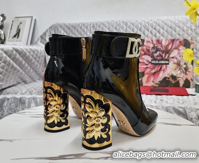 Best Grade Dolce&Gabbana Patent Leather Heel Ankle Boots 10.5cm with Crystal DG Black 090840